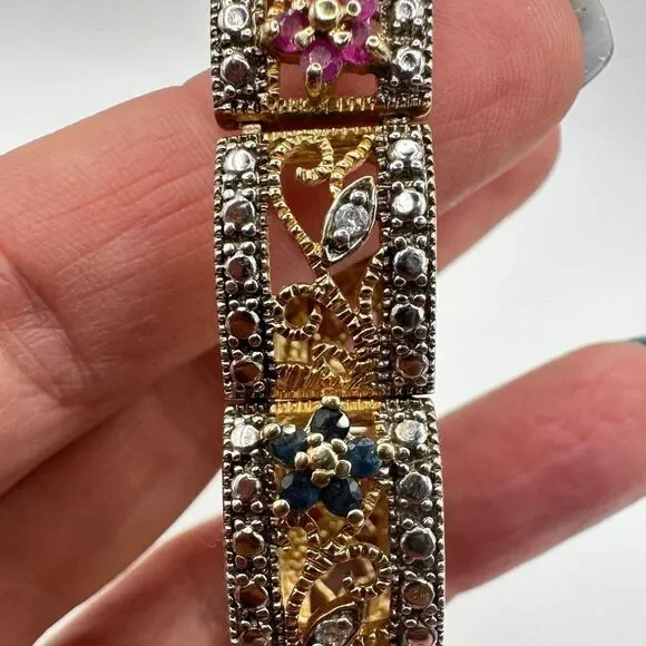 7.25" AMAZING 14k over 925, ruby, sapphire, emerald and diamond bracelet! - Picture 8 of 10